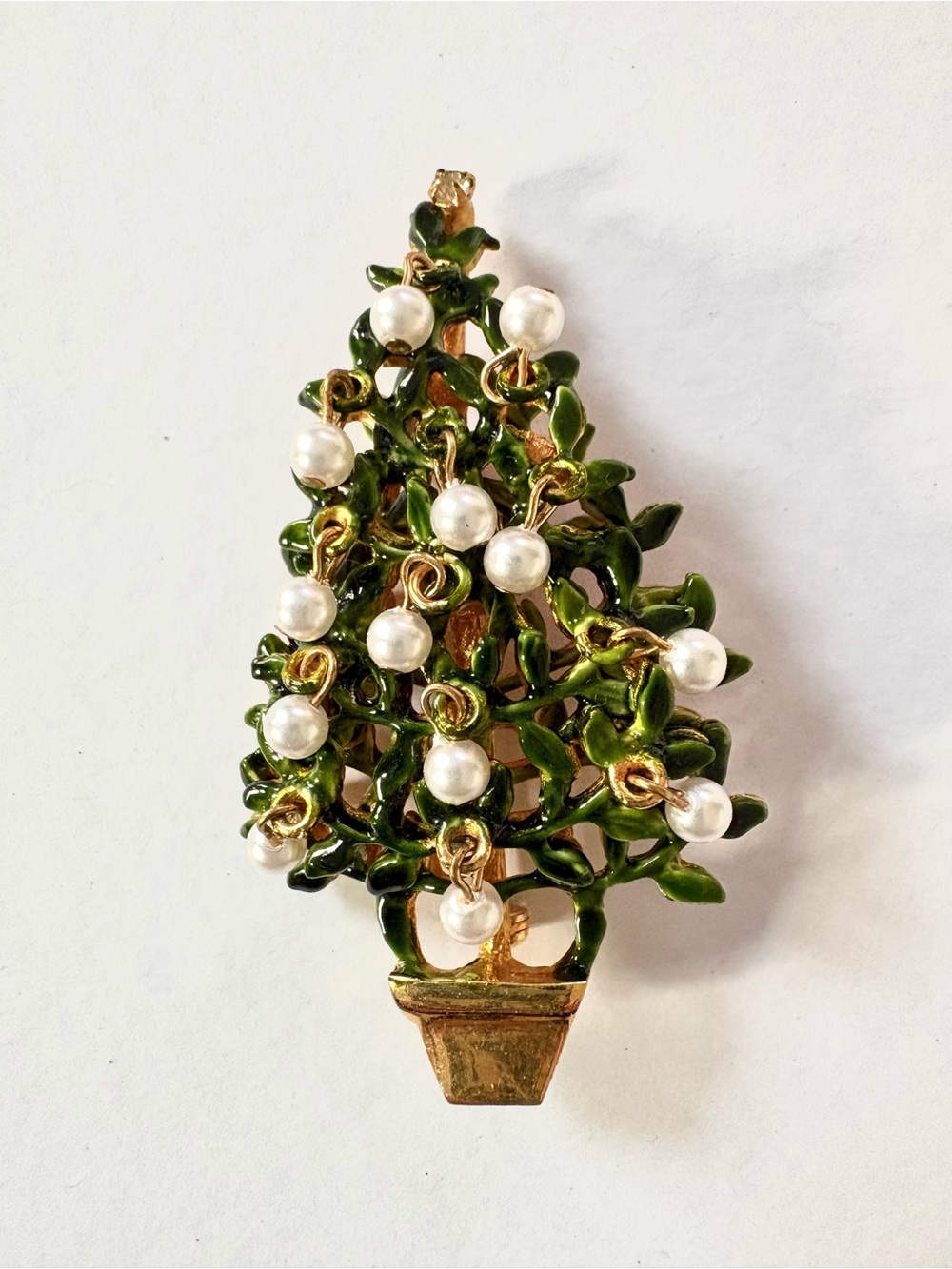 Original by Robert Christmas Green Enamel Potted Tree Brooch with Pearls